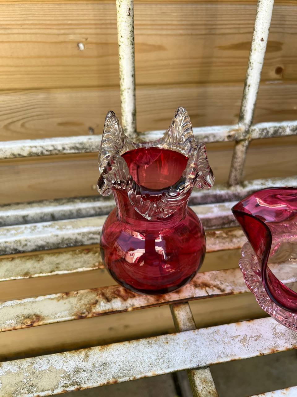 720220 Antique Victorian Cranberry Glass Bowl and Vases 3