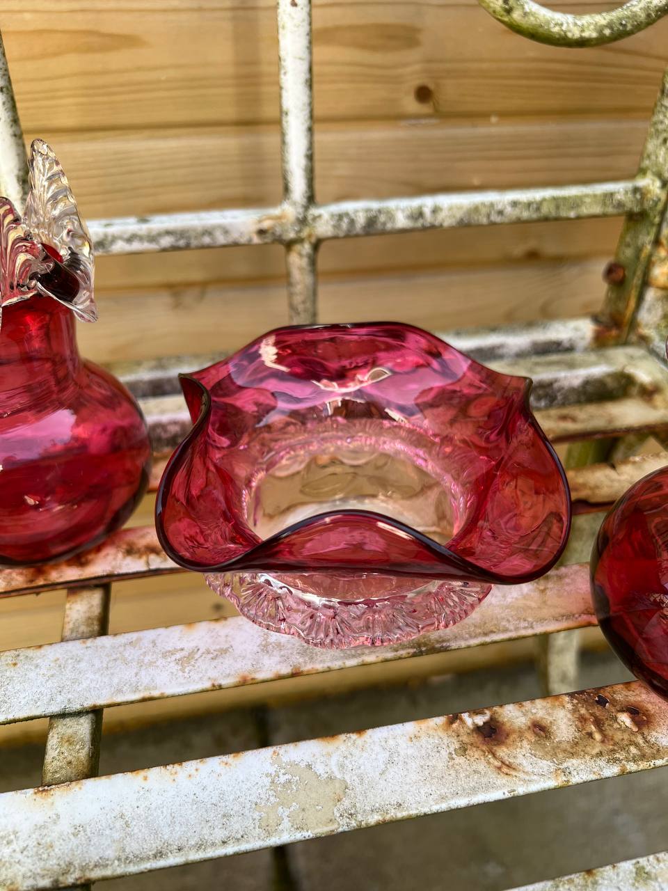 720220 Antique Victorian Cranberry Glass Bowl and Vases 4