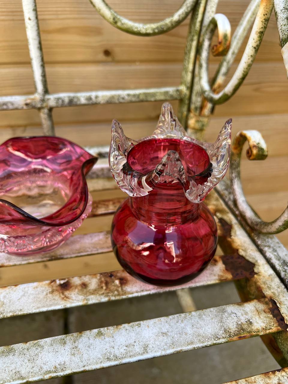 720220 Antique Victorian Cranberry Glass Bowl and Vases 5
