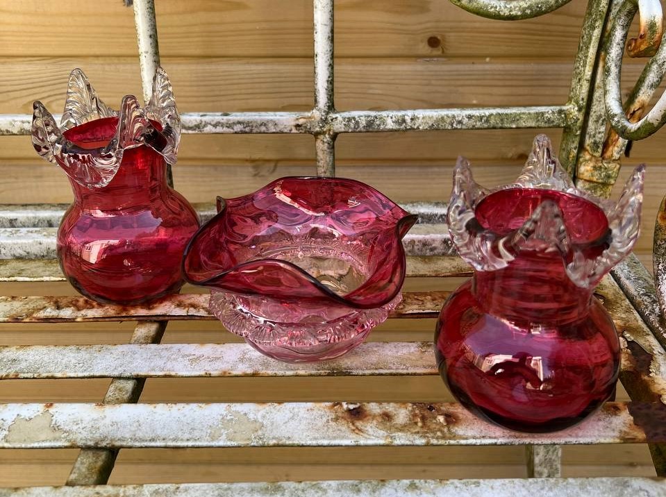 720220 Antique Victorian Cranberry Glass Bowl and Vases 6