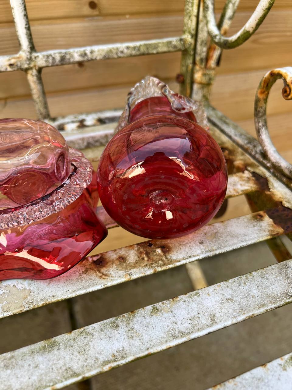 720220 Antique Victorian Cranberry Glass Bowl and Vases 9